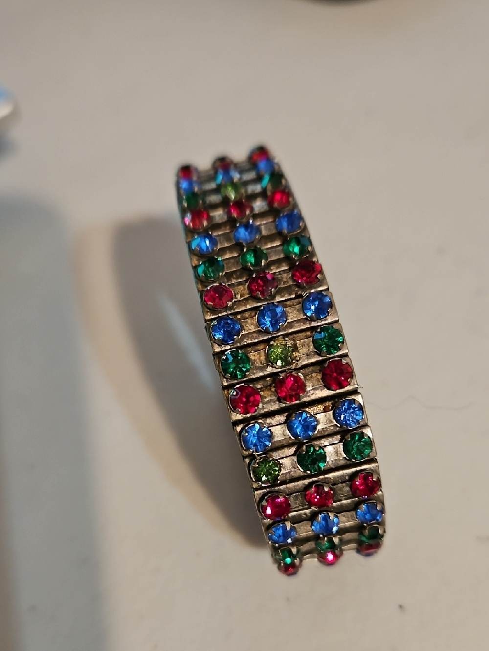 Vintage Expansion Bracelet with Red Blue and Green Rhinestones - Picture 7 of 7
